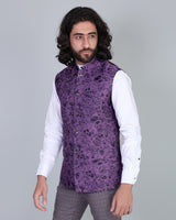 Wine Flower Printed Jacquard Designer Nehru Jacket