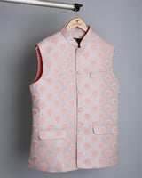 Orange Gorgious Flower Printed Jacquard Designer Nehru Jacket