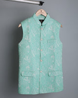 Green Gorgious Flower Printed Jacquard Designer Nehru Jacket