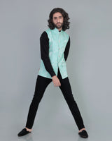 Green Gorgious Flower Printed Jacquard Designer Nehru Jacket