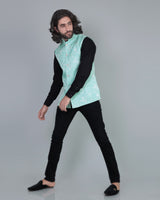 Green Gorgious Flower Printed Jacquard Designer Nehru Jacket