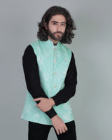 Green Gorgious Flower Printed Jacquard Designer Nehru Jacket