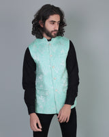 Green Gorgious Flower Printed Jacquard Designer Nehru Jacket