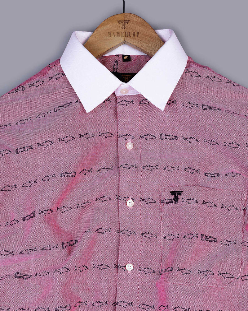 Folly Red With Blue Fish Printed Oxford Cotton Designer Shirt
