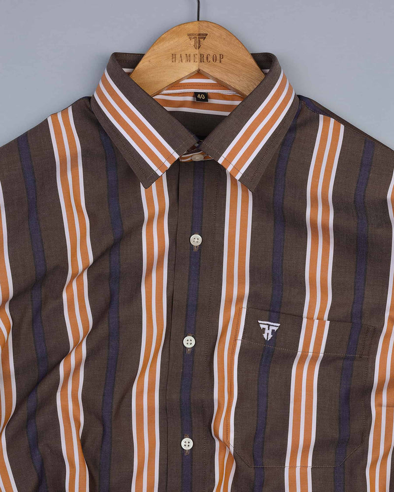Toast Brown With Yellow And Blue Stripe Premium Cotton Shirt