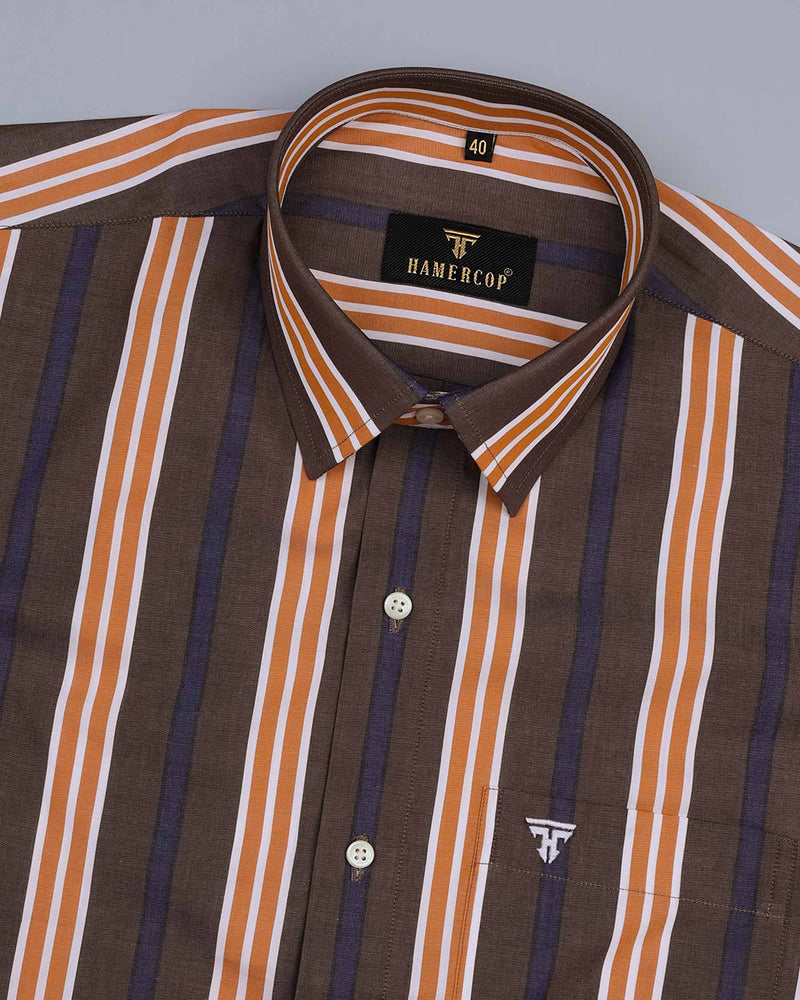 Toast Brown With Yellow And Blue Stripe Premium Cotton Shirt
