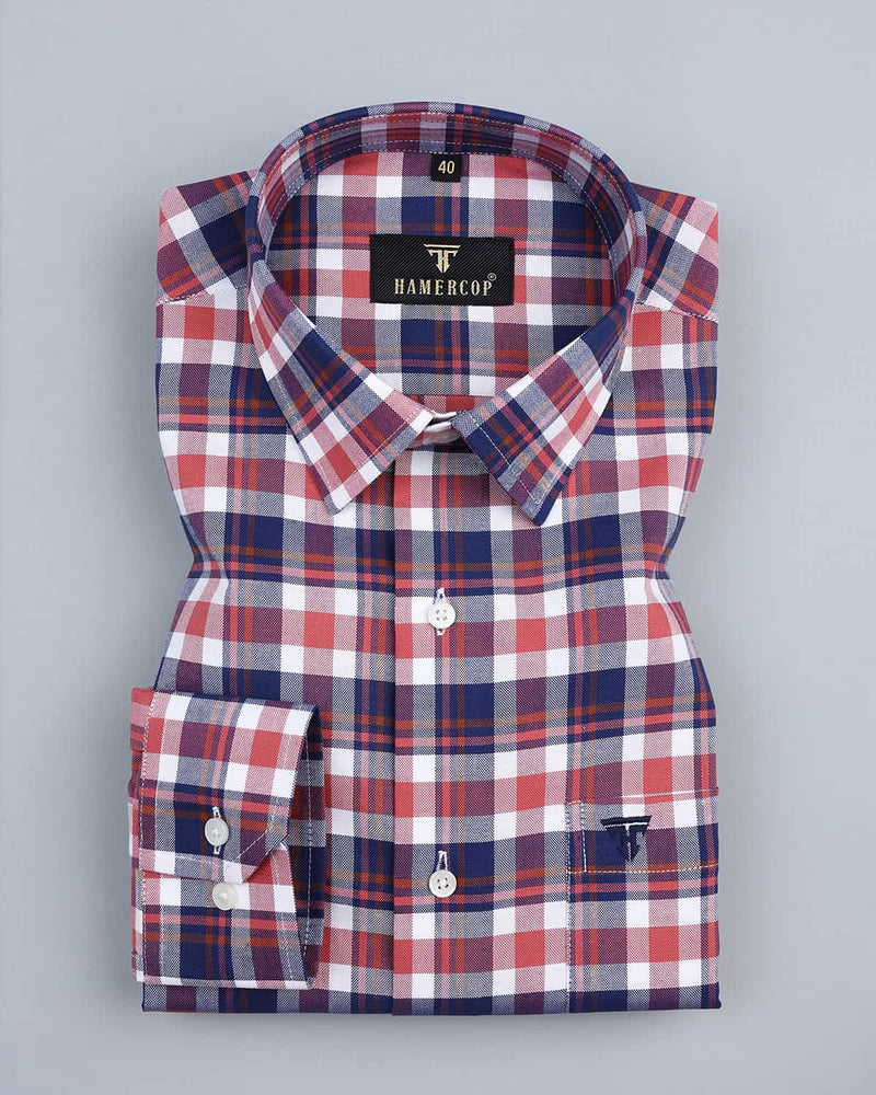 Odela Peach And Blue Multishaded Oxford Cotton Check Shirt