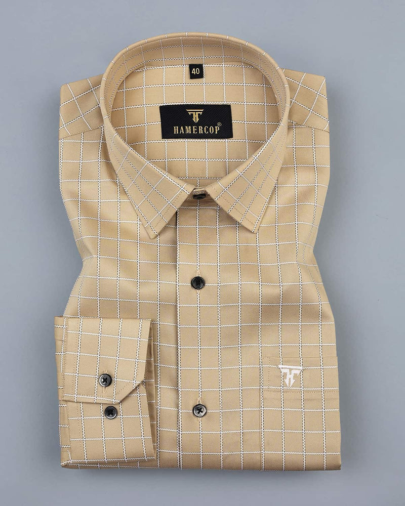 Coconut Cream With White Check Formal Cotton Shirt