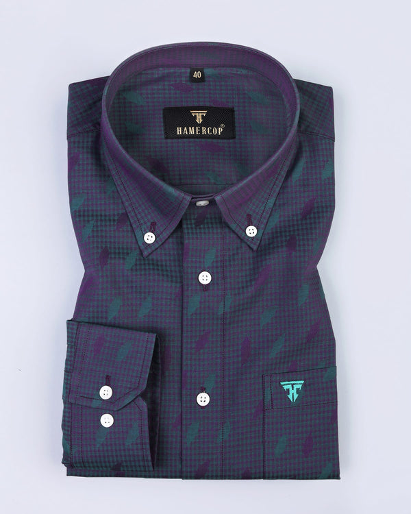 Elise Purple With Green Shadow Jacquard  Leaf Printed Gingham Party Shirt