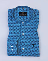 Cyan Blue Block Printed Jacquard Premium Gizza Designer Shirt