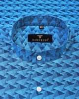 Cyan Blue Block Printed Jacquard Premium Gizza Designer Shirt