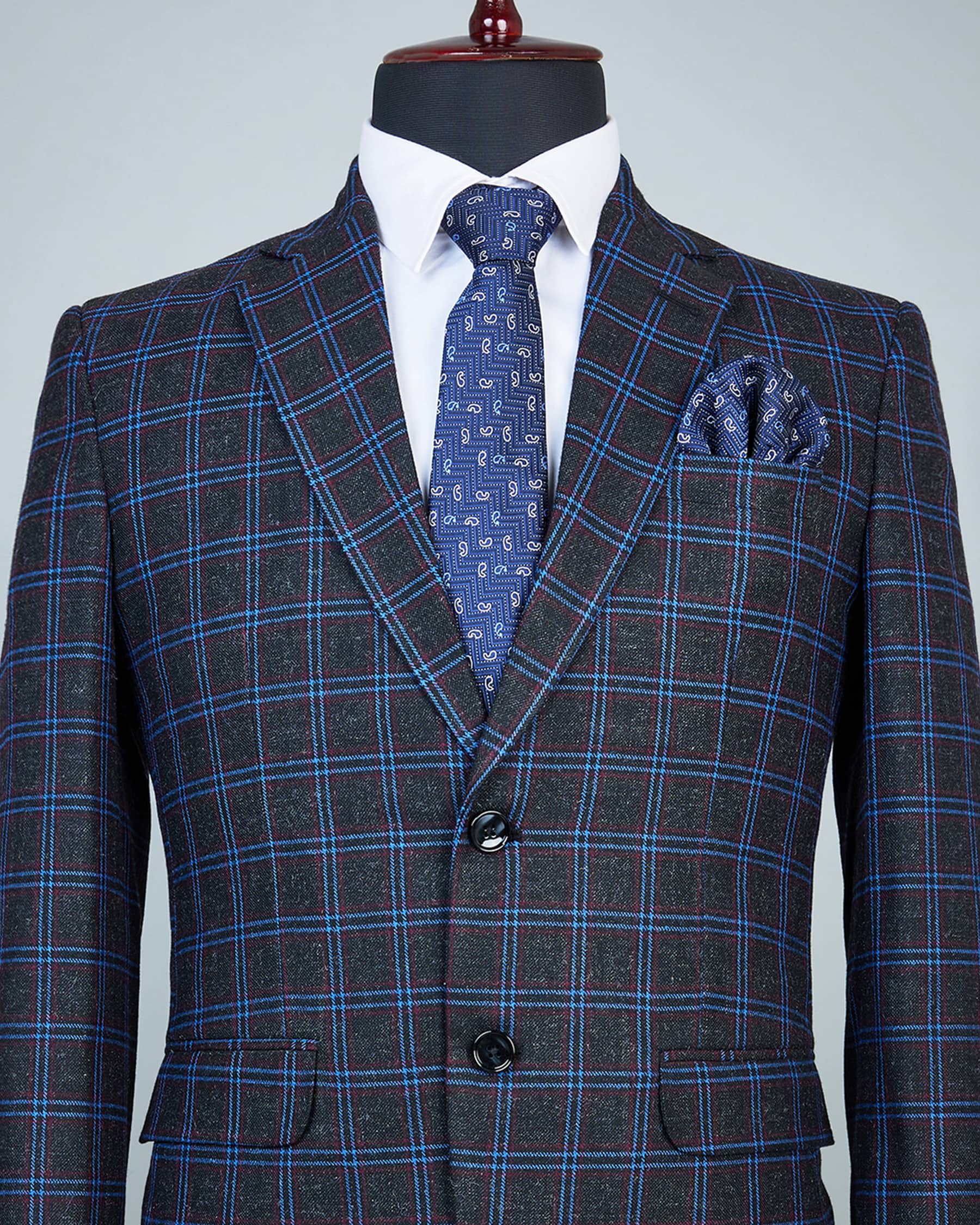 Jet Black Blue Windowpane Wool Rich Blazer | Hamercop