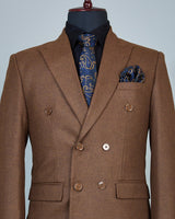 Chocolate Brown Solid Double Breasted Wool Rich Blazer