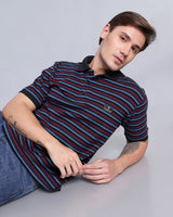 Merlot Maroon With Sky Multicolor Striped Supersoft Smart Polo T-Shirt