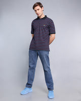 Merlot Maroon With Sky Multicolor Striped Supersoft Smart Polo T-Shirt