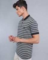 Black With Green Multicolor Striped Supersoft Smart Polo T-Shirt