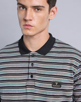 Black With Green Multicolor Striped Supersoft Smart Polo T-Shirt