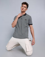 Black With Green Multicolor Striped Supersoft Smart Polo T-Shirt