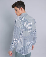 Teal Blue Geomatrical Print With White Designer Cotton Shirt