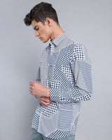 Teal Blue Geomatrical Print With White Designer Cotton Shirt