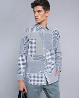Teal Blue Geomatrical Print With White Designer Cotton Shirt
