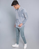 Teal Blue Geomatrical Print With White Designer Cotton Shirt
