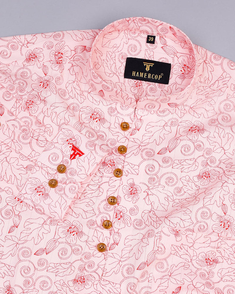 Blossom Peach Flower Printed Dobby Cotton Shirt Style Kurta