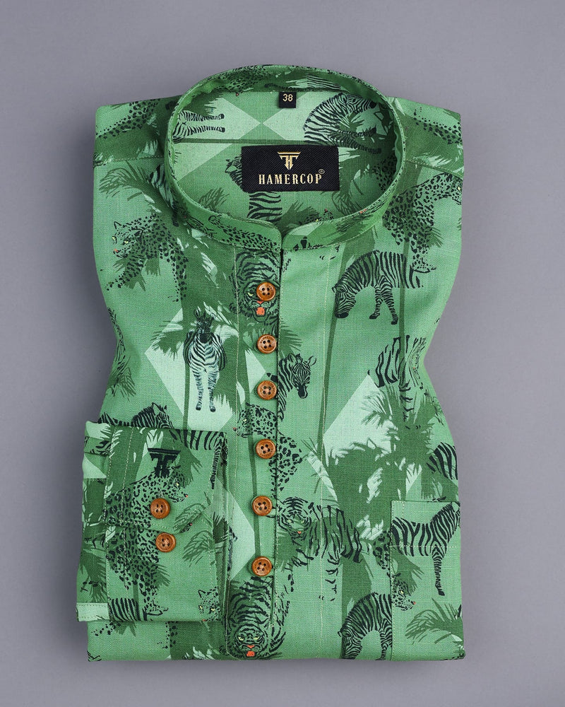 Green Animals Theme Printed Linen Cotton Shirt Style Kurta