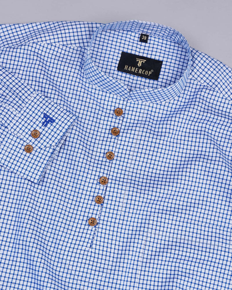True Blue With White Check Oxford Cotton Shirt Style Kurta