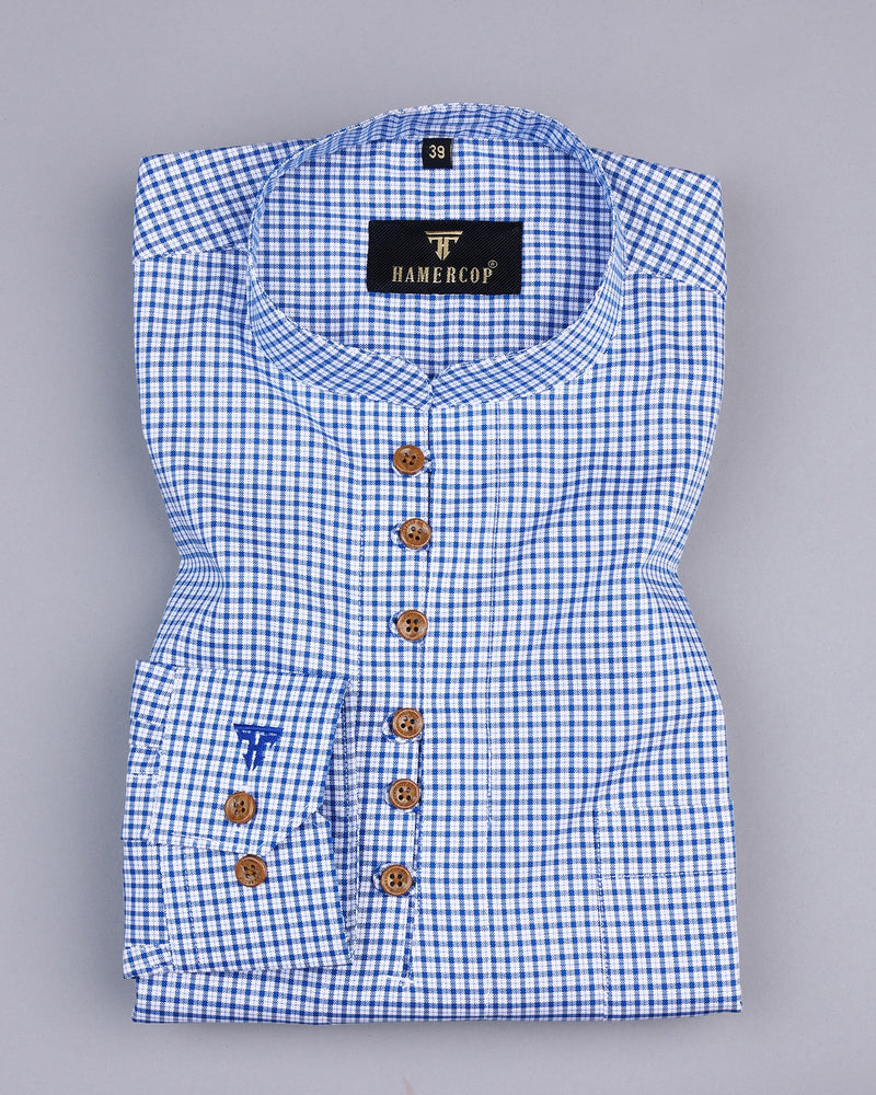 True Blue With White Check Oxford Cotton Shirt Style Kurta