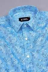 Aqua blue with black and white printed shirt