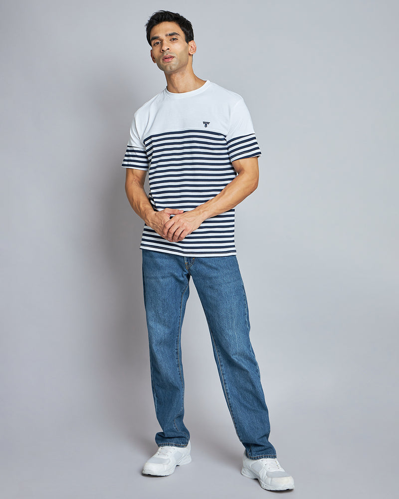 Twilight White With NavyBlue Stripe Premium Cotton Designer T-shirt