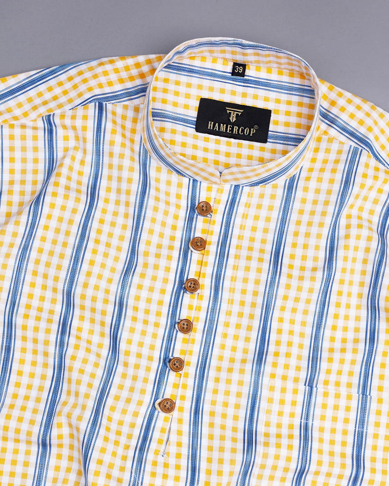 Saffron Yellow Check With Blue Stripe Cotton Shirt Style Kurta