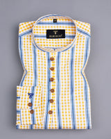 Saffron Yellow Check With Blue Stripe Cotton Shirt Style Kurta