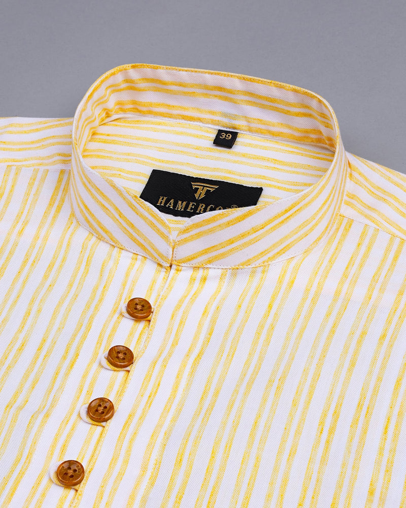 Pastel Yellow With White Stripe Cotton Shirt Style Kurta
