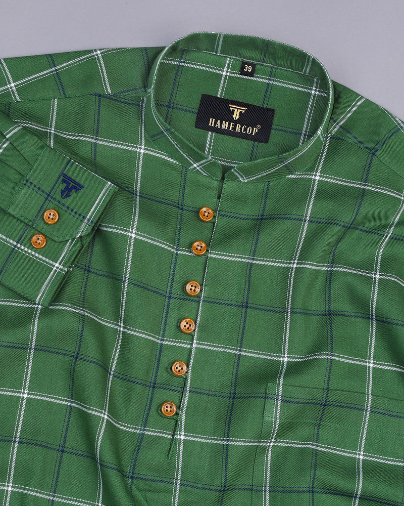 Orphic Green Sudoku Check Brushed Cotton Shirt Style Kurta