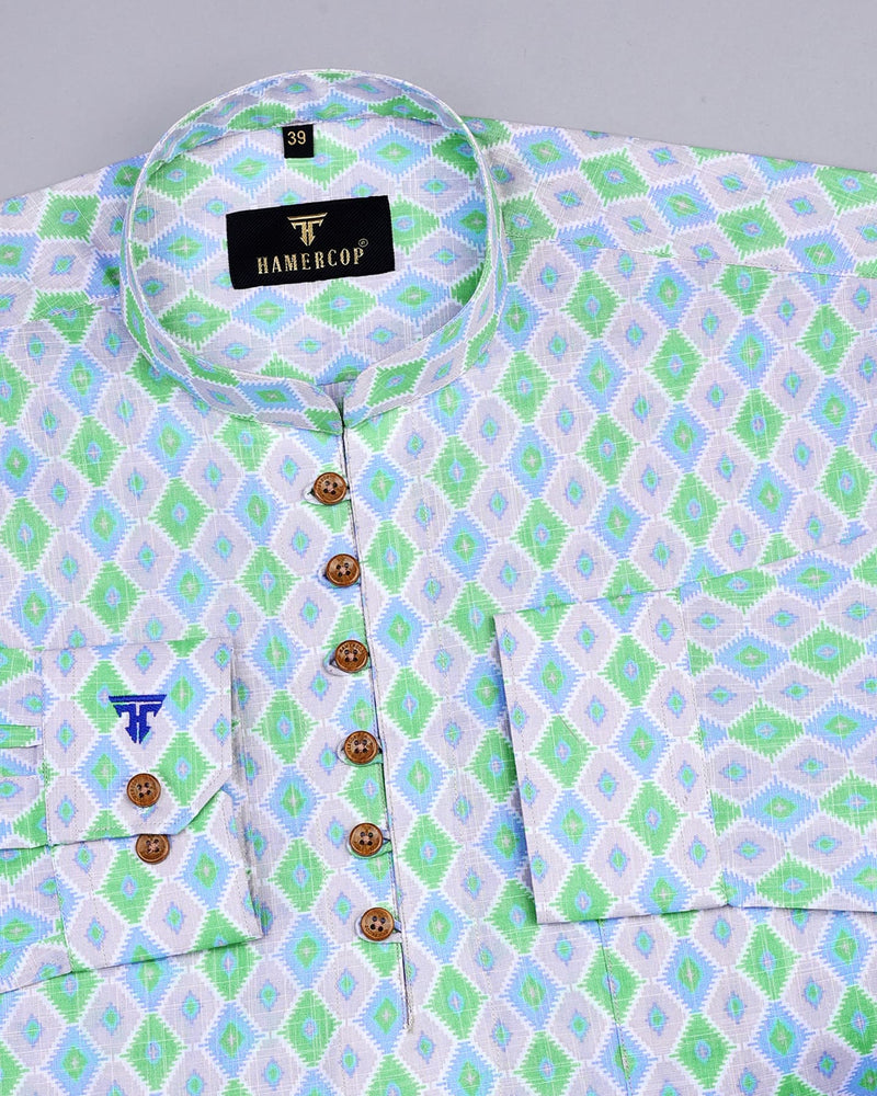Green And Blue Geometric Pattern Linen Cotton Shirt Style Kurta