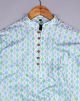 Green And Blue Geometric Pattern Linen Cotton Shirt Style Kurta