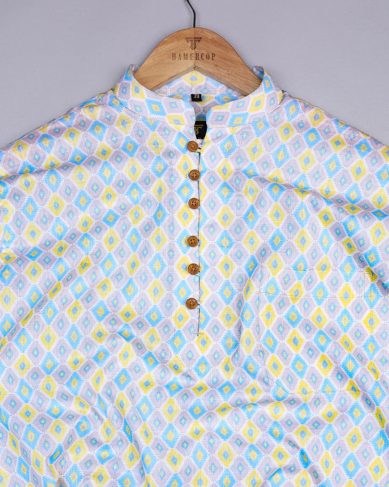 Yellow And Blue Geometric Pattern Linen Cotton Shirt Style Kurta
