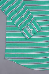 Parakeet green with blue black and white aradonis stripe shirt