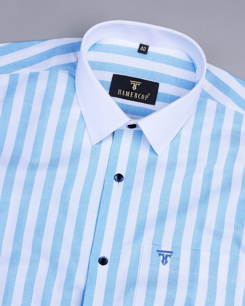Piranha Blue With White Stripe Oxford Cotton Designer Shirt