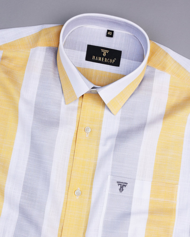 CozmoY With Gray And Yellow Broad Stripe Linen Cotton Shirt