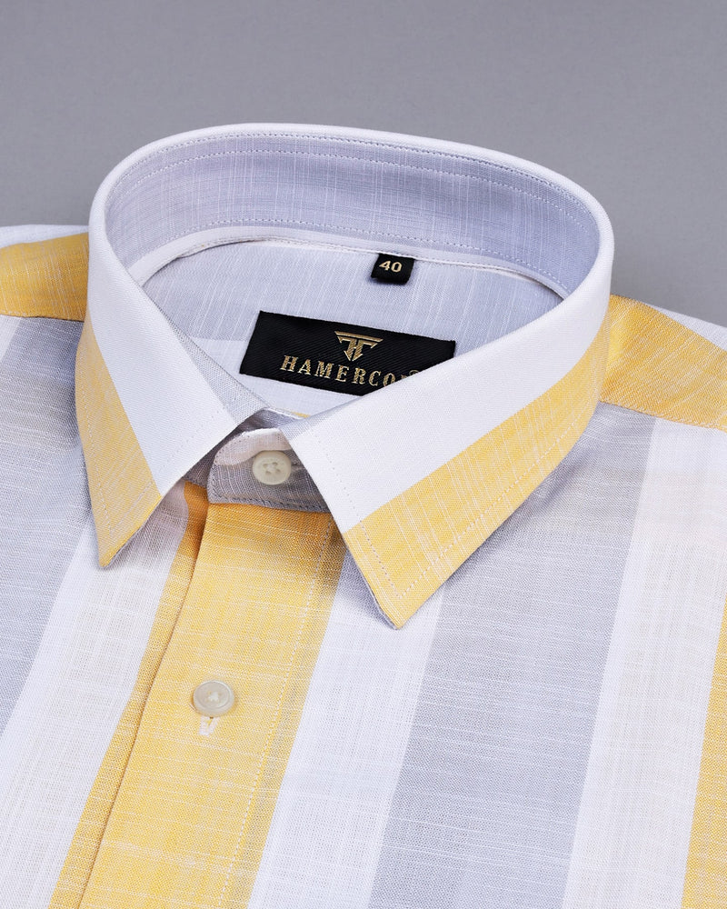 CozmoY With Gray And Yellow Broad Stripe Linen Cotton Shirt