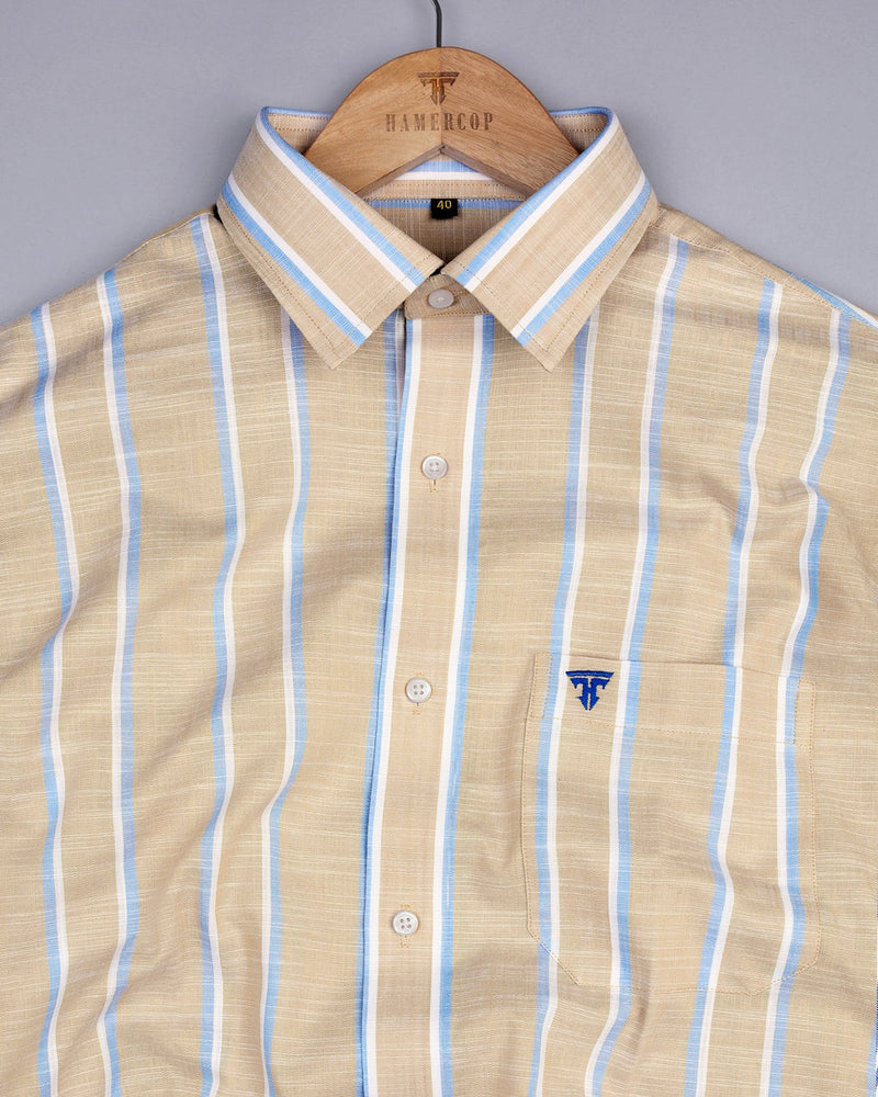 Zion Cream With Blue Stripe Linen Cotton Formal Shirt