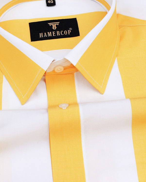 Mimosa Yellow And White Broad Stripe Cotton Shirt