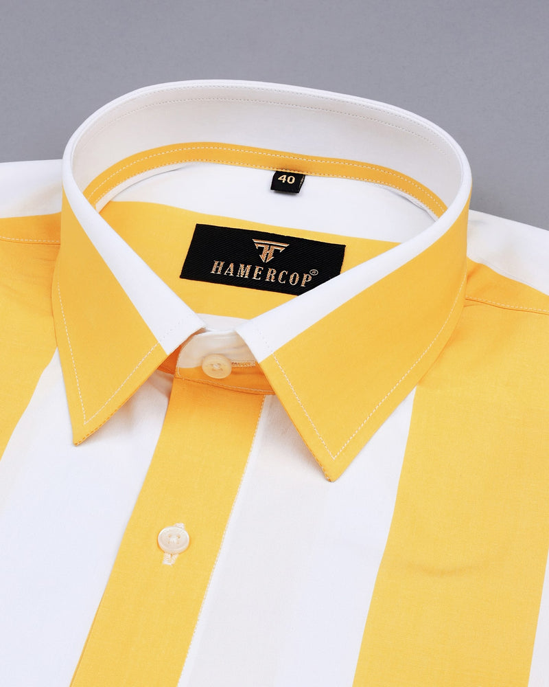 Mimosa Yellow And White Broad Stripe Cotton Shirt