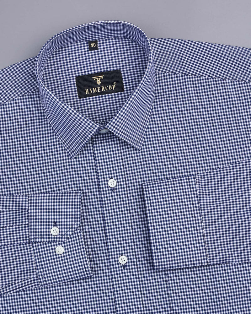 NavyBlue And White Yarn Dyed Small Check Formal Cotton Shirt