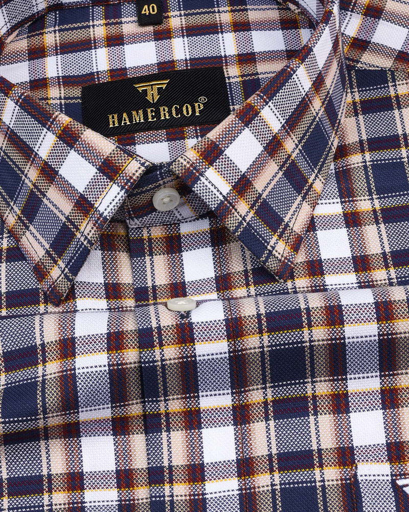 Wood Brown With NavyBlue Check Dobby Cotton Shirt