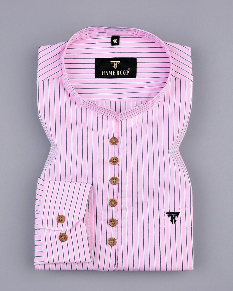 Pink With Navyblue Striped Cotton Shirt Style Kurta