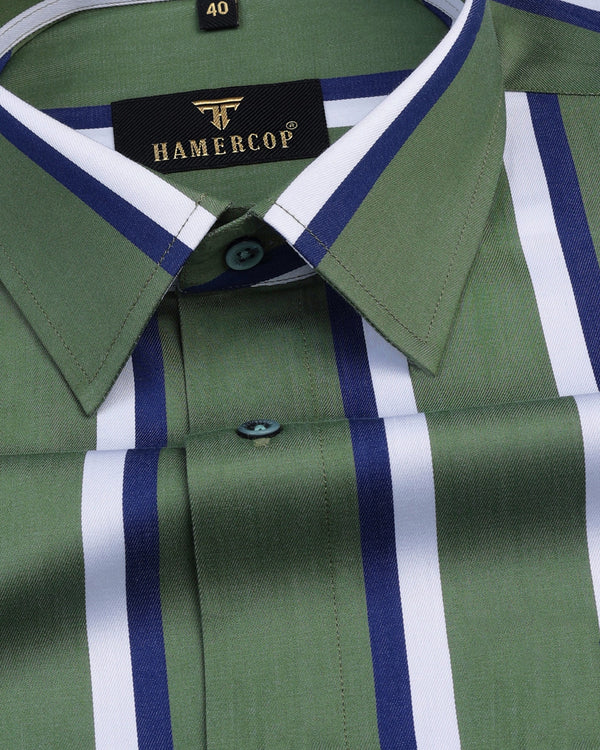 Chicory Green With Blue Twill Striped Premium Cotton Shirt